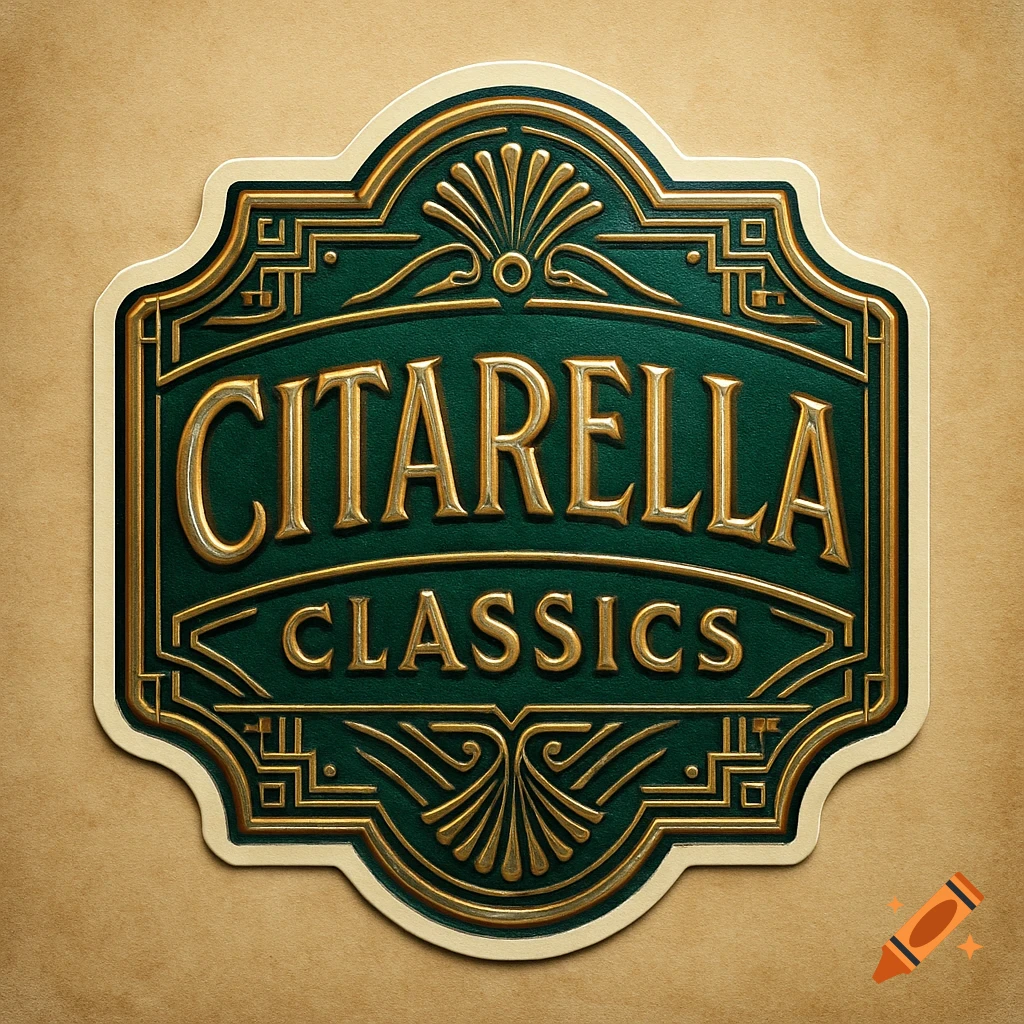 An elegant green and gold embossed logo with the words 'CITARELLA CLASSICS' in an Art Deco style.