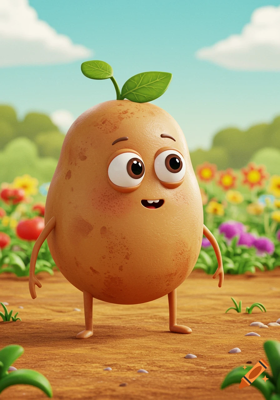 A cute cartoon potato with big eyes and a smile stands in a vibrant field with colorful flowers under a blue sky.