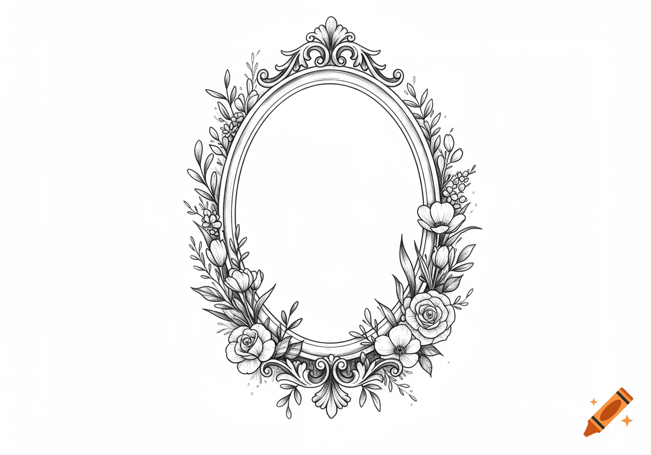 Black and white oval frame with ornate floral and leaf designs, like a tattoo design.