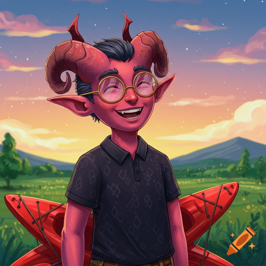 A smiling, red-skinned tiefling character with horns and glasses, wearing a dark polo shirt and carrying two red kayaks, stands in a vibrant green field at sunset.