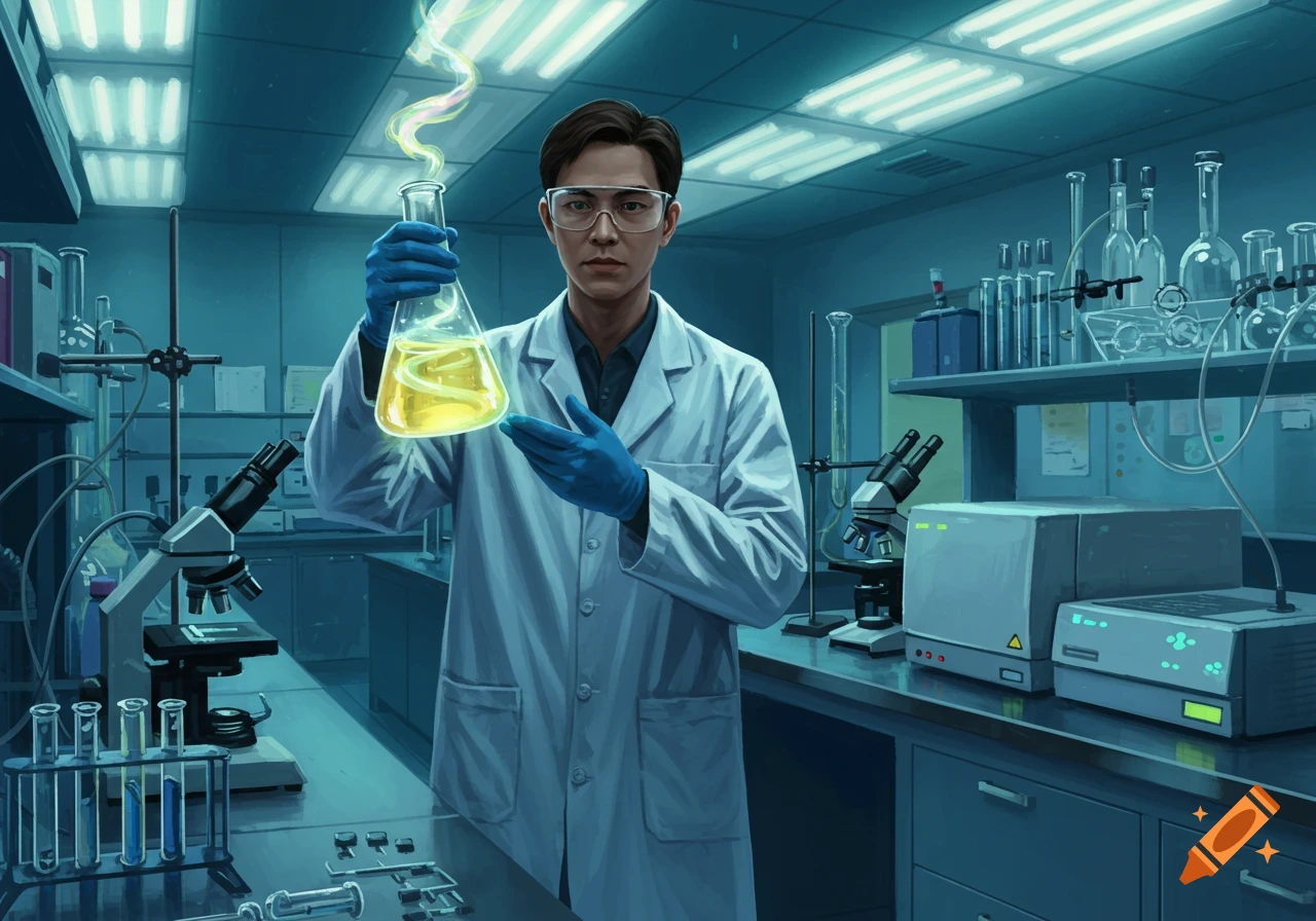 A chemist in a lab coat and safety goggles holds a glowing yellow flask in a science laboratory.