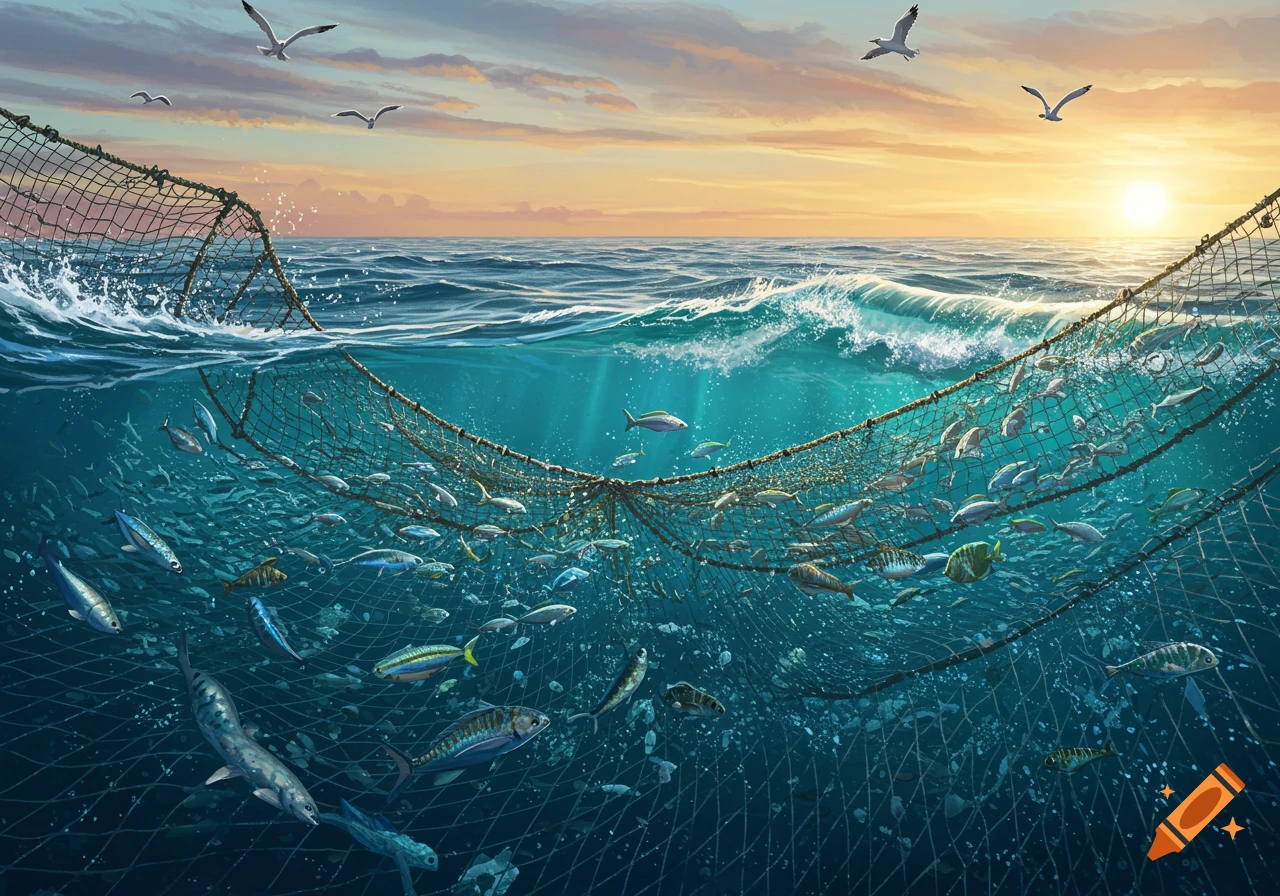 A large fishing net submerged in the ocean, filled with many fish, with seagulls flying above and a sunset sky.