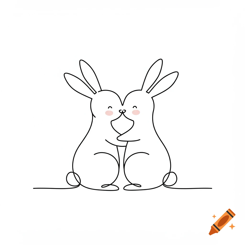 Minimalist black line art of two white bunnies hugging, with their nuzzles touching and forming a heart shape in the negative space.