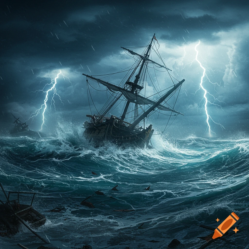 A tall ship struggles in a stormy, dark sea with large waves and bright lightning strikes. Debris floats in the water.