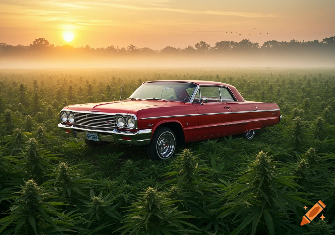 A red Chevy Impala lowrider parked in a vast marijuana field during a misty sunrise.