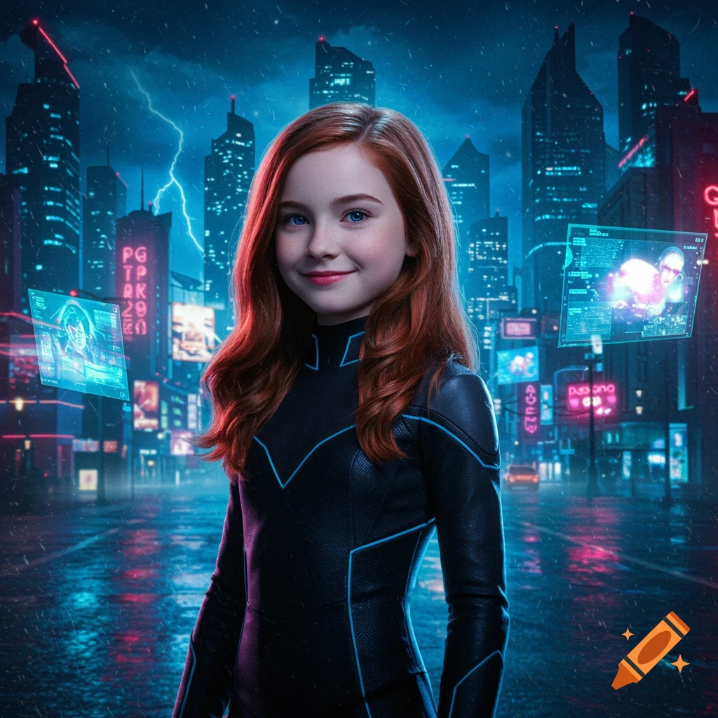 A young girl with red hair and blue eyes, wearing a black futuristic suit with blue accents, stands in a neon-lit cyberpunk city at night with rain.