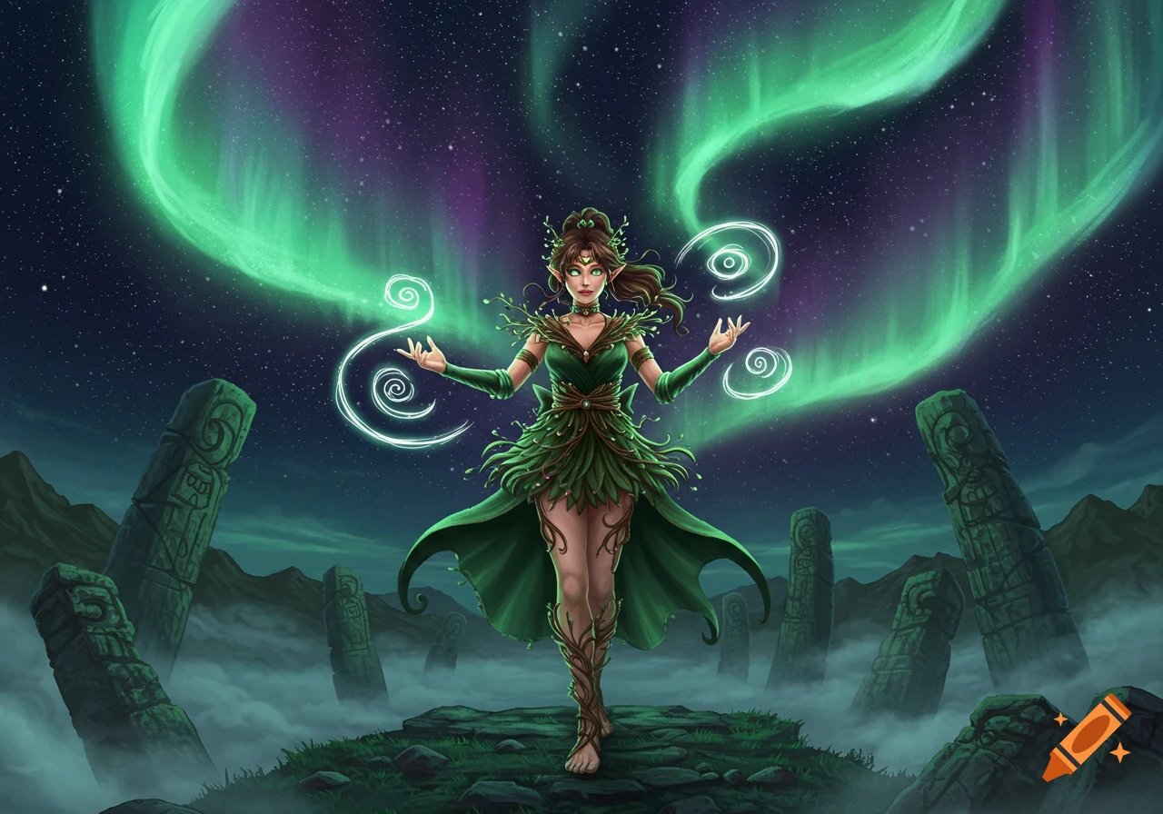 A magical druidic woman in a green leaf dress stands under a vibrant aurora, surrounded by ancient stone pillars.