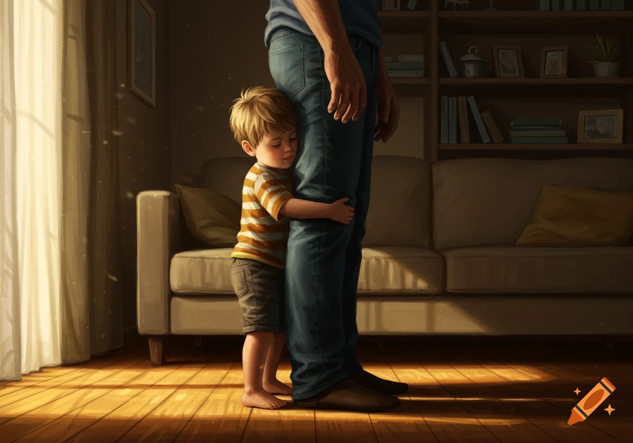 A small boy with blond hair hugs his father's leg in a sunlit room with wooden floors and a couch.