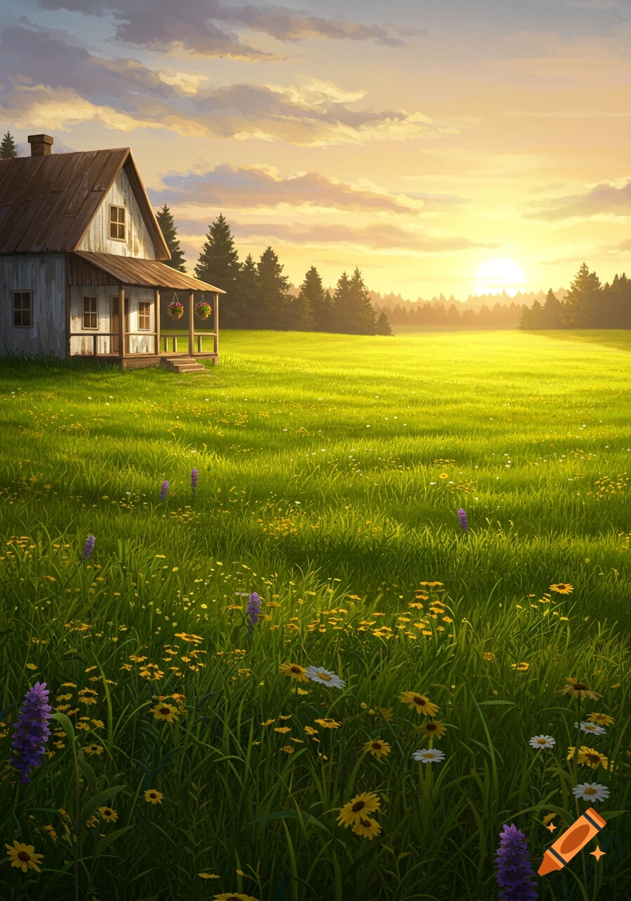 A rustic white farmhouse with a porch stands in a vibrant green field filled with wildflowers under a golden sunset sky.
