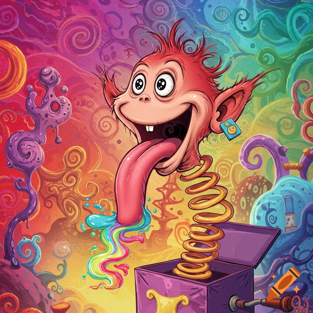A vibrant, Dr. Seuss-style jack-in-the-box creature with a long tongue spitting rainbow liquid amidst psychedelic colors.