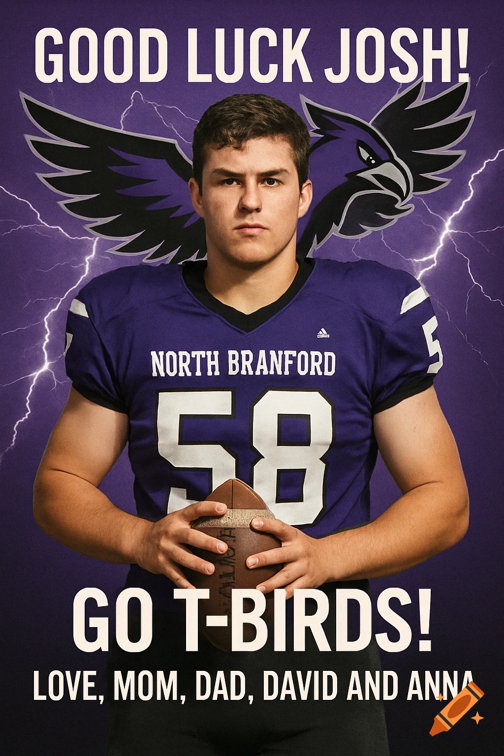 Photorealistic portrait of a male football player in a purple #58 jersey holding a football, with a thunderbird logo, lightning, and supportive text.