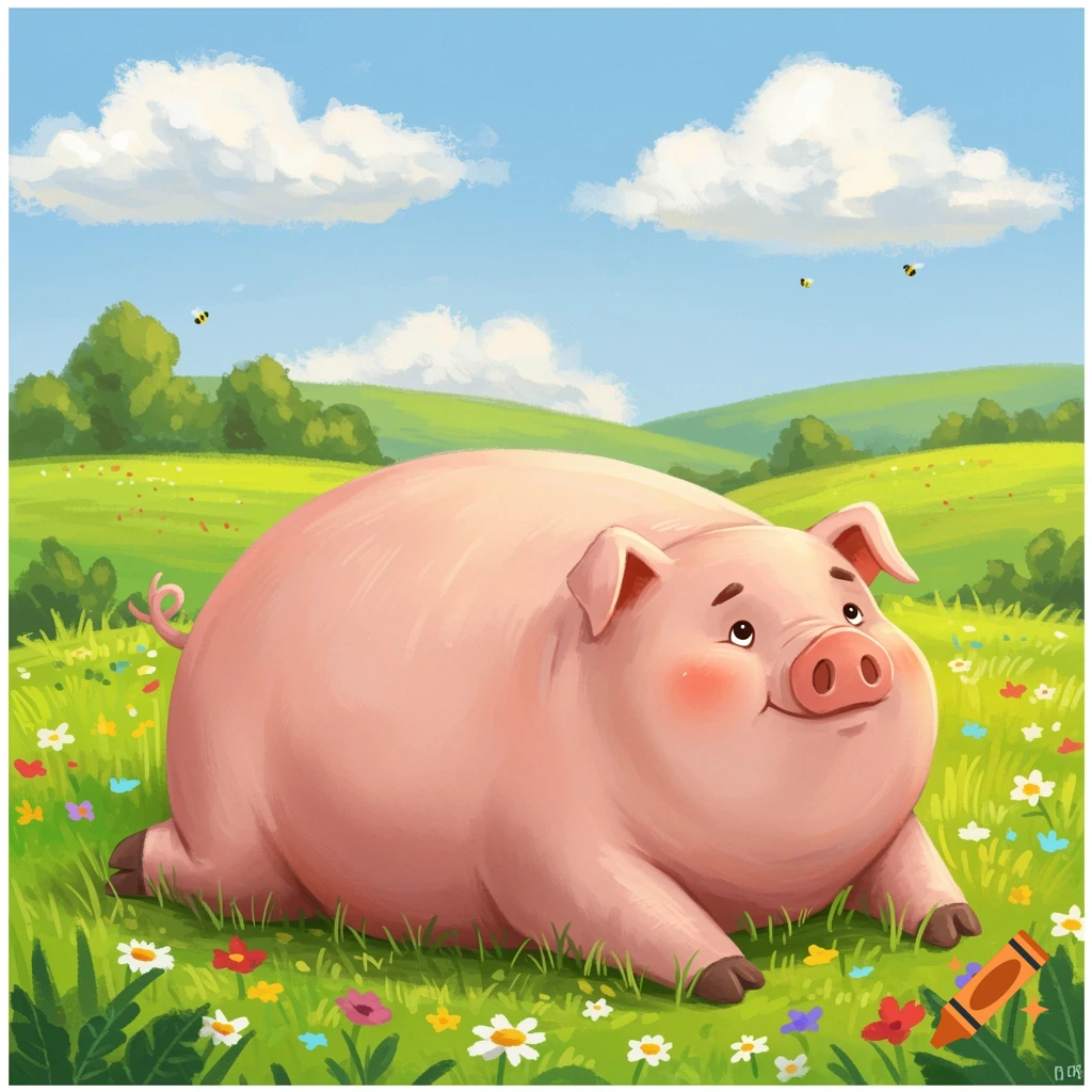 A cute, fat cartoon pig lays in a green field filled with colorful flowers under a blue sky with fluffy clouds.