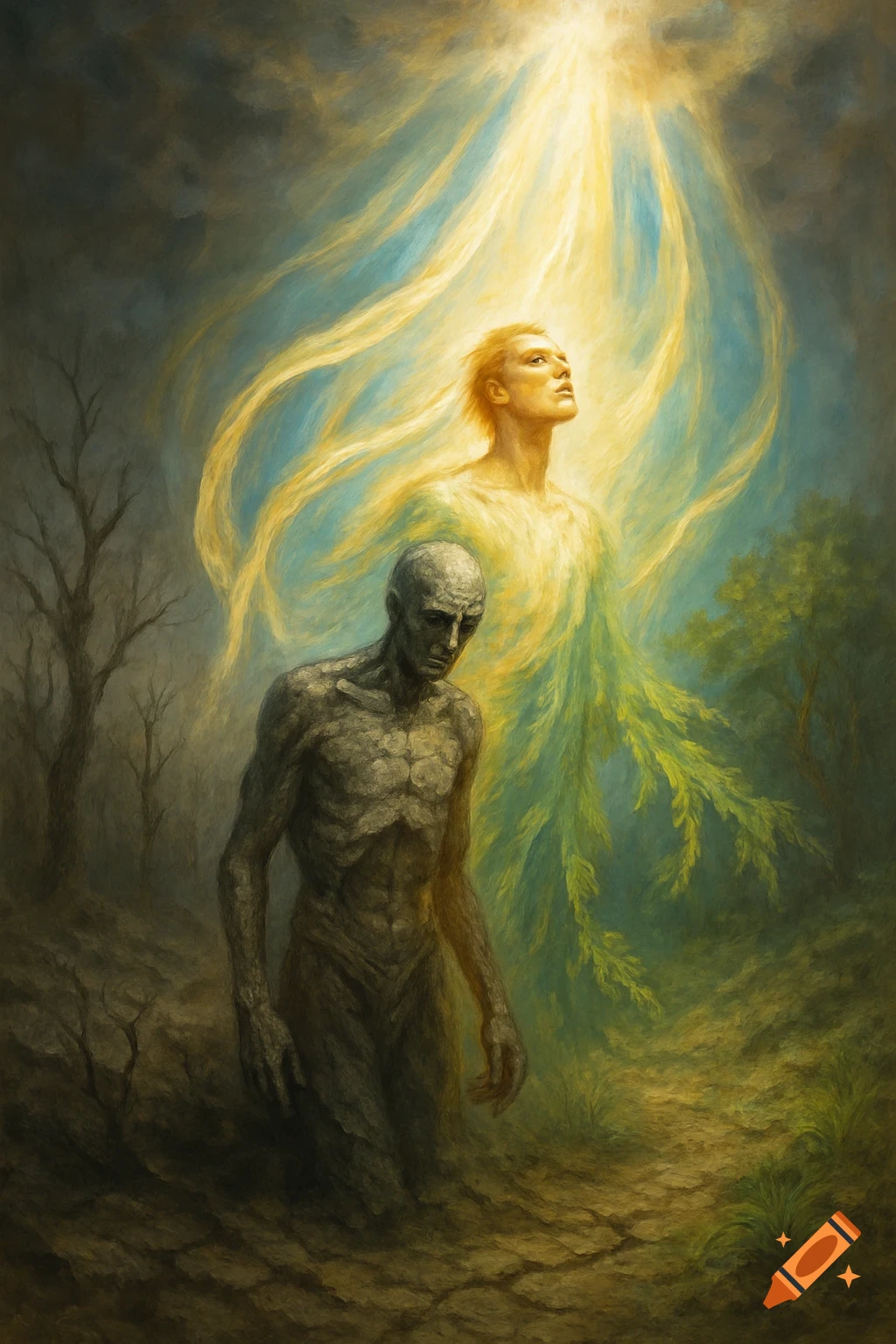 Symbolic painting: a decaying figure emerges from cracked earth, while an ethereal figure bathed in light rises in lush surroundings.
