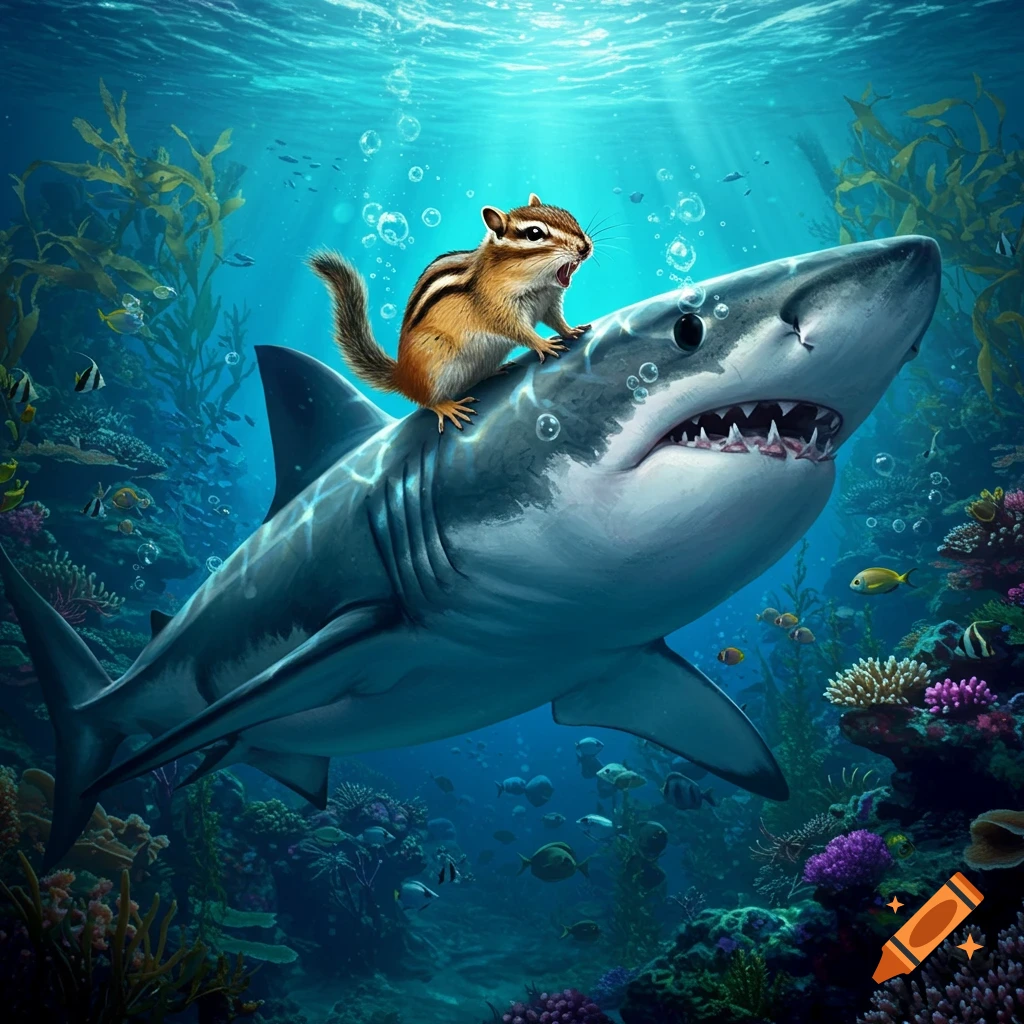 A small chipmunk rides on the back of a large shark underwater amidst a colorful coral reef.