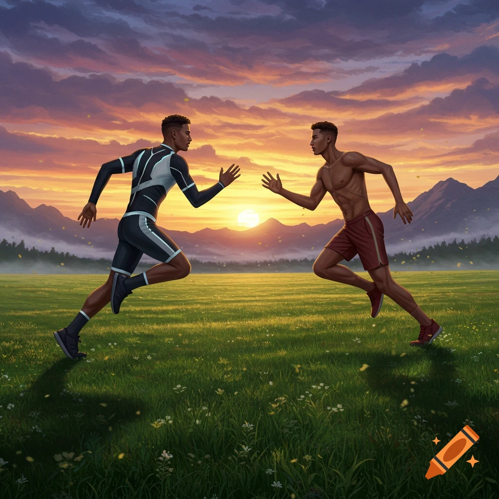 Two male athletes run towards each other in a grassy field at sunset, with mountains in the background. Digital art.