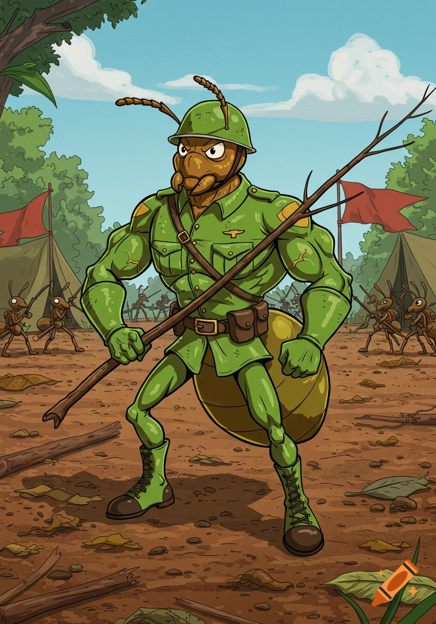 A muscular ant soldier in a green uniform and helmet holds a stick, standing amidst other ant soldiers and tents in a cartoon jungle.