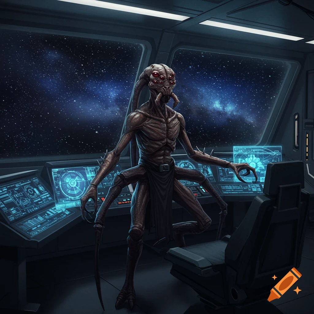 A multi-limbed, spider-like alien stands in the cockpit of a spaceship, with starry space visible through the windows.