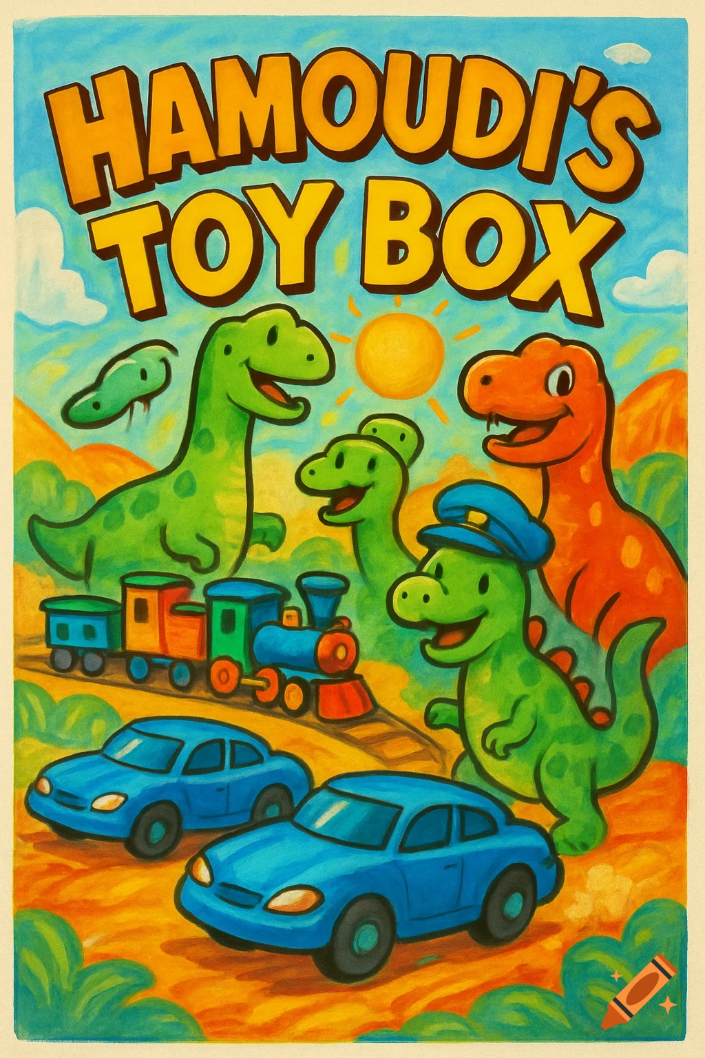 A colorful cartoon poster for 'Hamoudi's Toy Box' features happy green and orange dinosaurs, a blue train, and two blue cars.