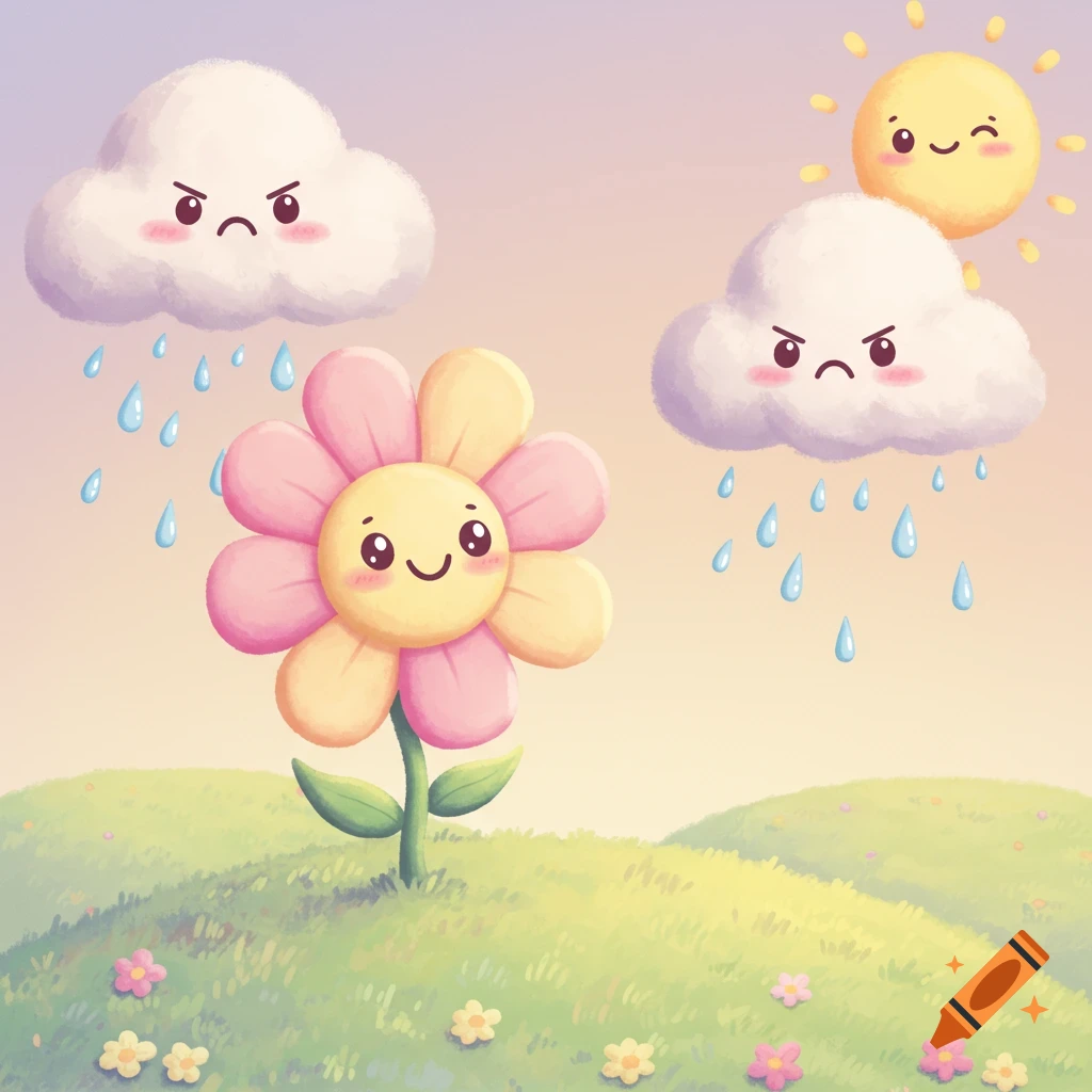 A happy kawaii flower on a grassy hill with two angry raining clouds and a winking sun.