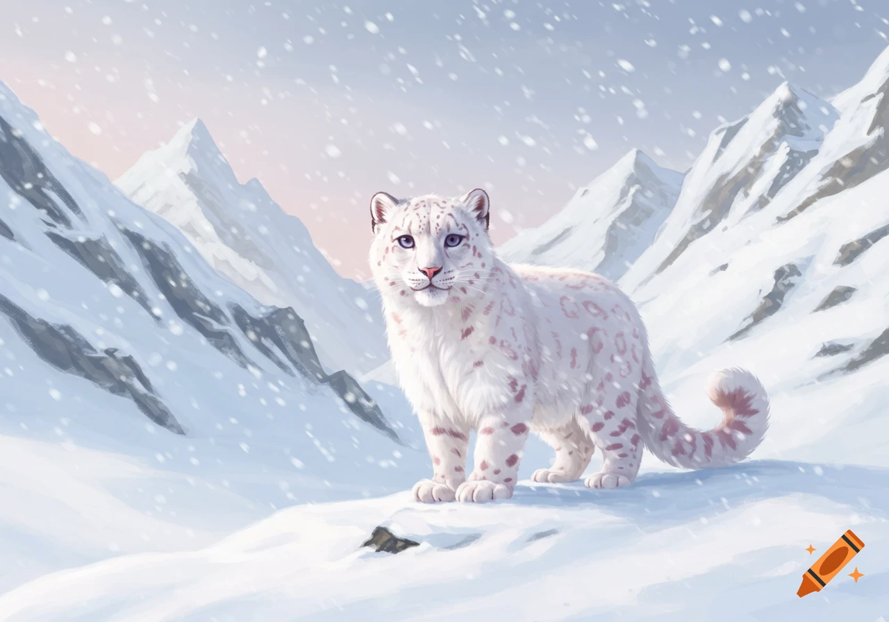 A cute albino snow leopard with pale pink spots stands in a snowy mountain landscape as snow falls.