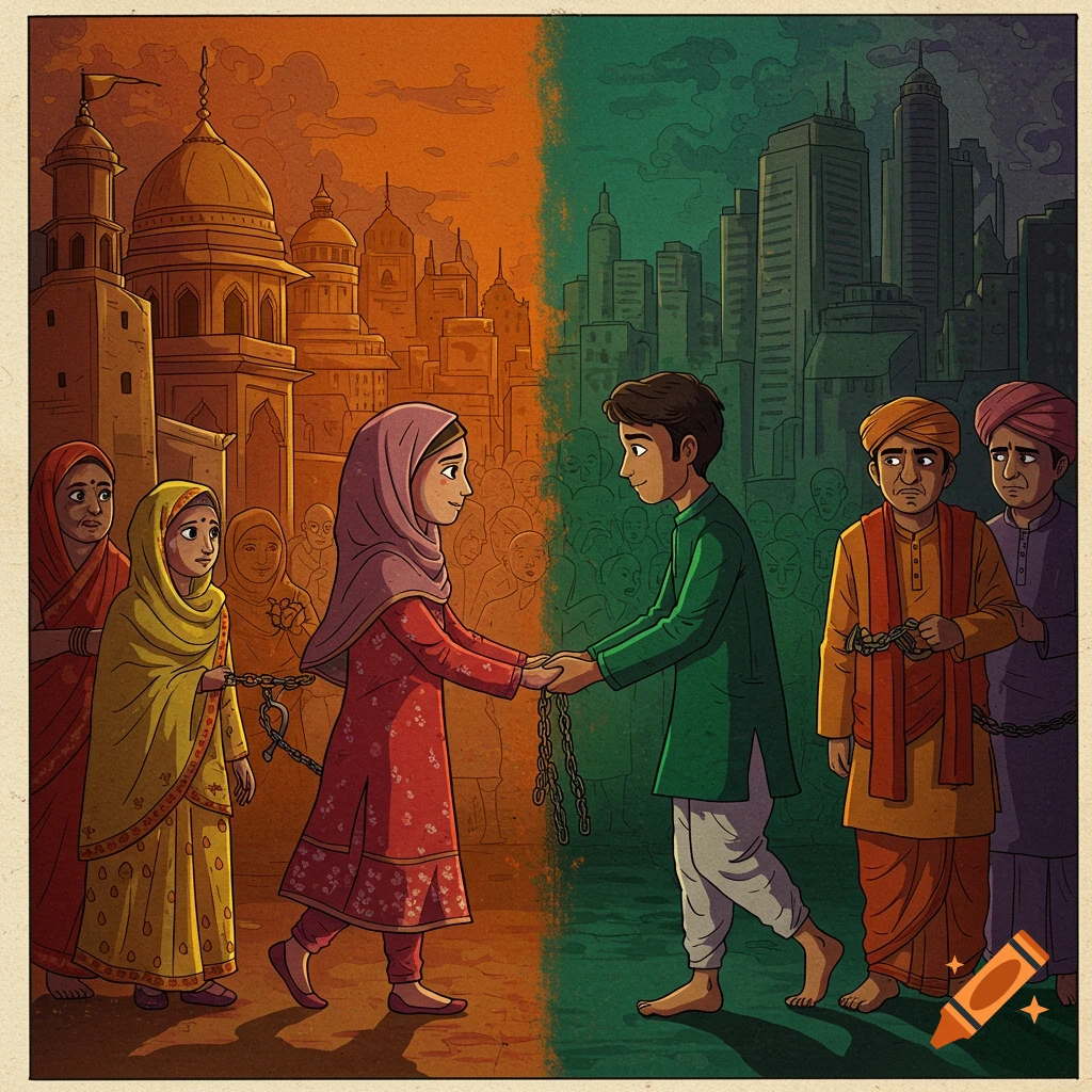 Editorial cartoon showing a Muslim girl and a Hindu boy holding chained hands, divided by traditional and modern cityscapes, with their families behind them.