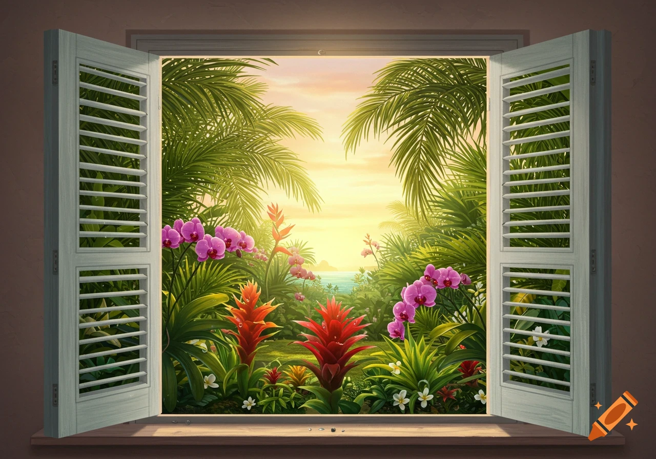 A view through open white louvered windows to a vibrant tropical garden with palm fronds, pink orchids, and red bromeliads under a golden sunset sky, with the ocean visible in the distance.