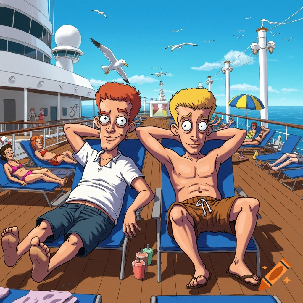 Two cartoon men resembling Beavis and Butthead lounge on deck chairs on a cruise ship under a blue sky, with other people and seagulls.