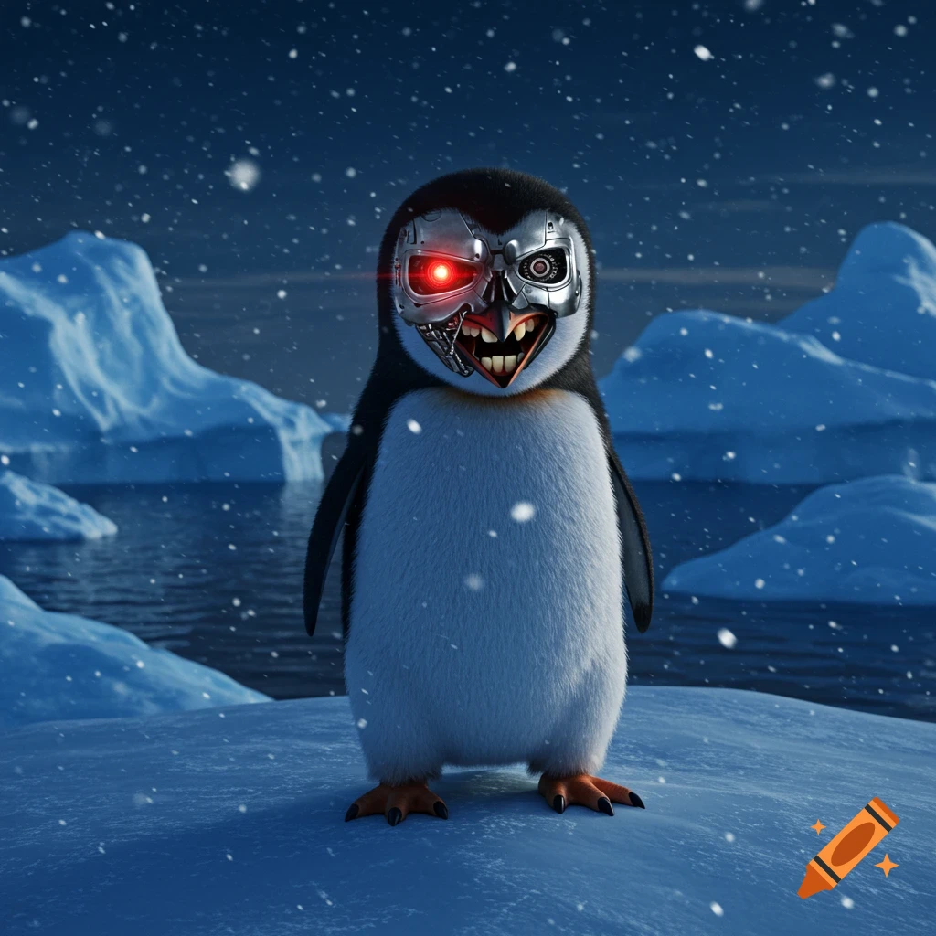 A photorealistic penguin with a metal Terminator face and jagged teeth stands in a snowy arctic landscape with icebergs.