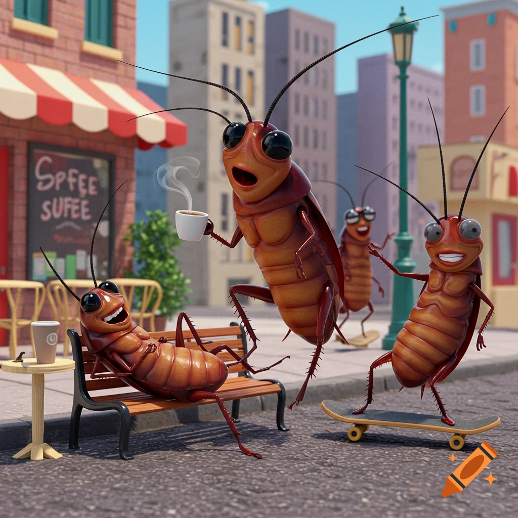 A group of cheerful cartoon cockroaches in a city street. One holds a coffee, another relaxes on a bench, and two skateboard.