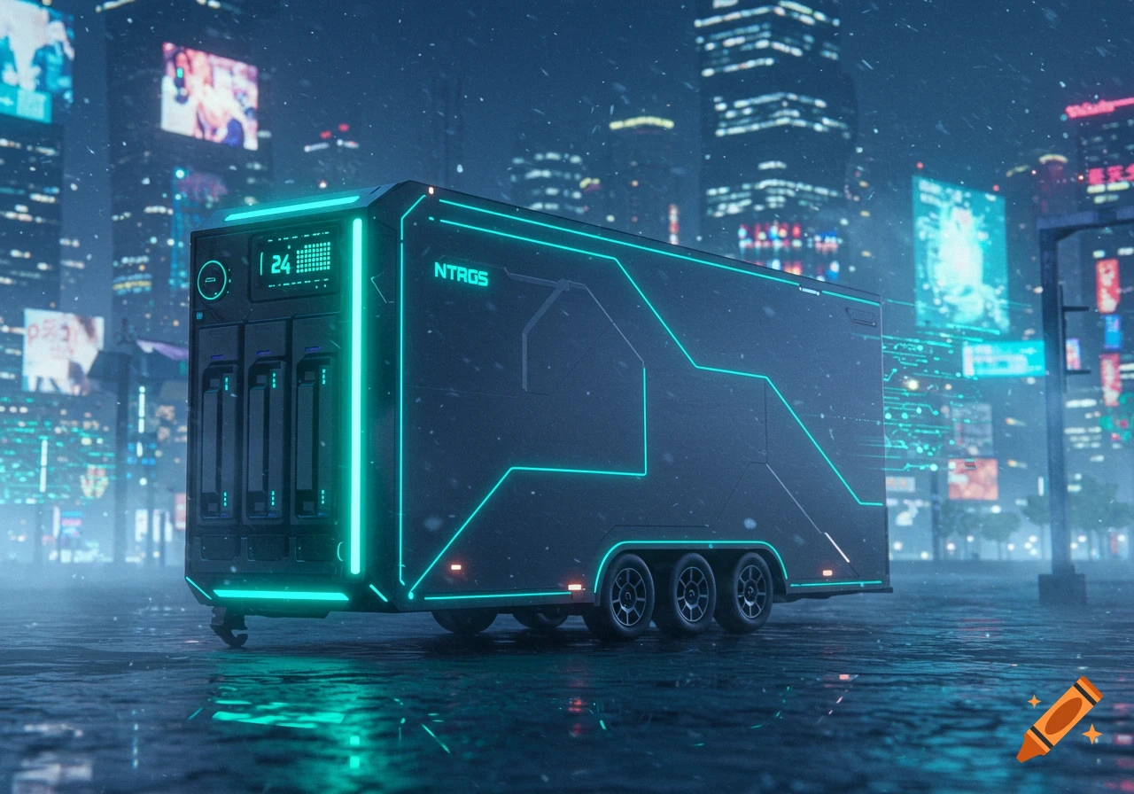 A futuristic dark gray trailer with bright cyan neon lines and glowing screens, set against a backdrop of a rainy cyberpunk city at night.