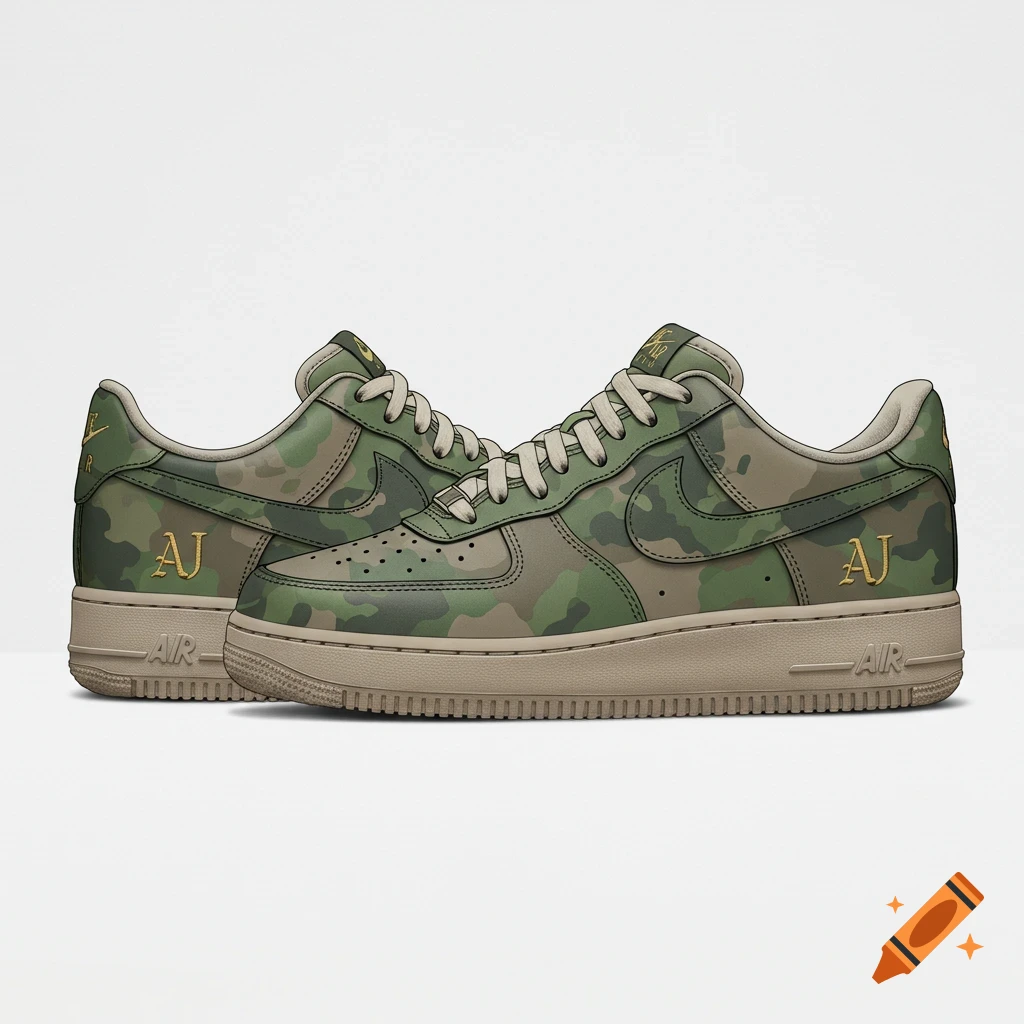 A pair of custom camouflage Nike Air Force 1 sneakers with gold 'AJ' initials, set against a light background.