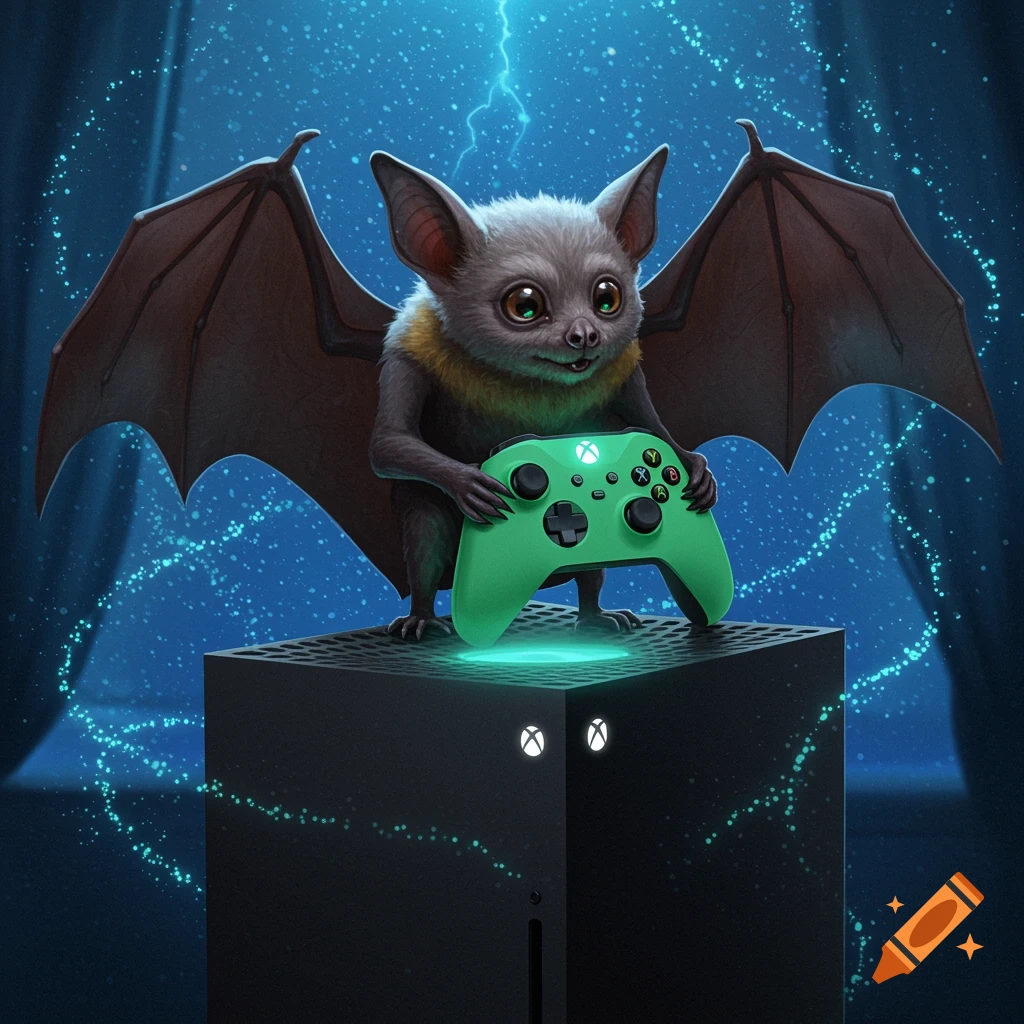 A cute bat holding a green Xbox controller, standing on top of an Xbox Series X console with glowing effects, in a digital illustration style.