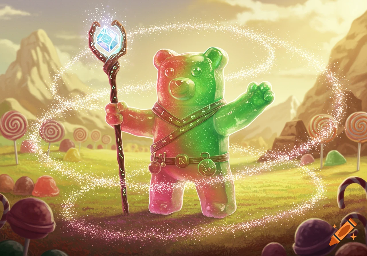 A red and green gummy bear sorcerer holding a magical staff with a glowing crystal, standing in a candy land with lollipops and candy drops under a bright sky.