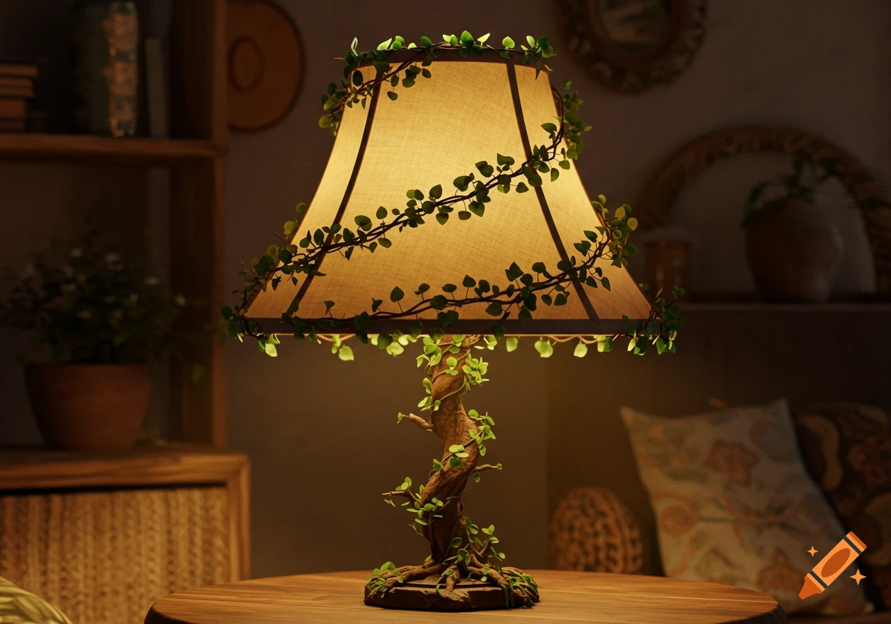 Photorealistic lit lamp with a tan lampshade and tree-like base, adorned with green leafy vines, on a wooden table.