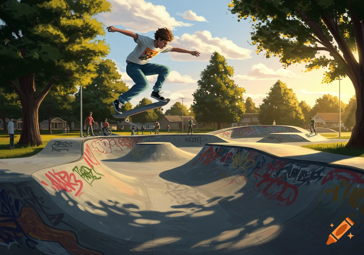 A young person mid-air on a skateboard in a sunny skatepark with graffiti-covered ramps and trees in the background.