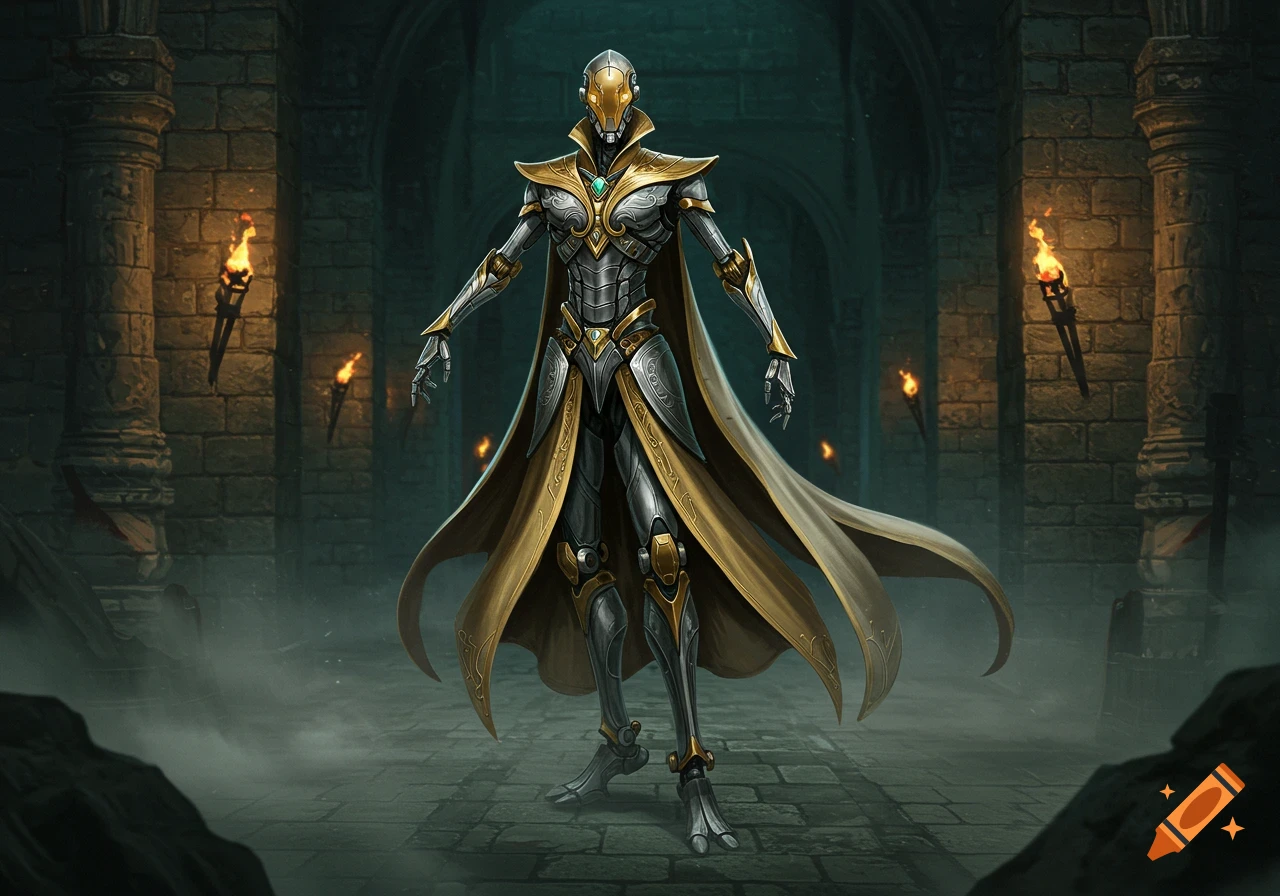 A slender, elegant silver and gold robot with a flowing cape stands in a dark dungeon lit by torches.