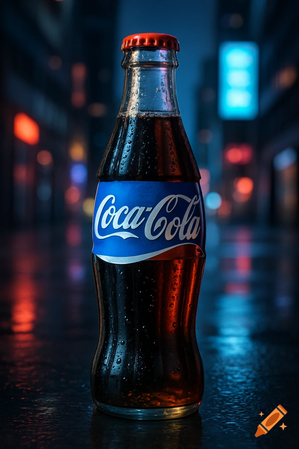 A photorealistic close-up of a condensation-covered Coca-Cola bottle with a blue label and red cap, set against a blurry, neon-lit city background at night.