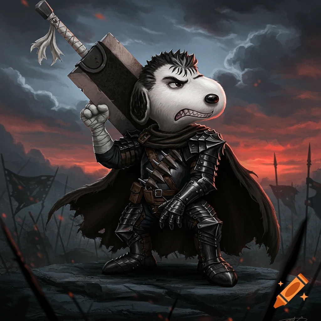 Snoopy as Guts from Berserk in dark armor, holding a massive sword on a rocky battlefield under a stormy red sky.