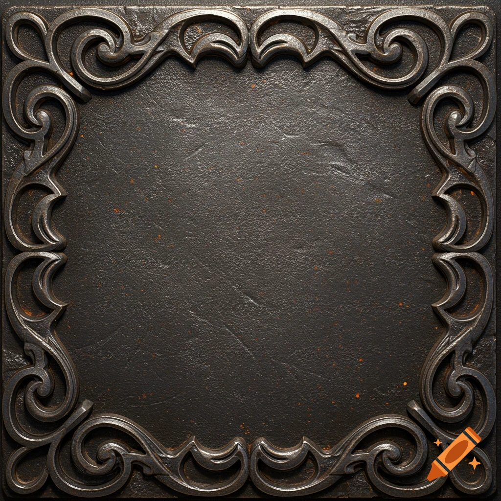 Ornate dark metal frame with a textured gray center, featuring intricate scrollwork on the border.
