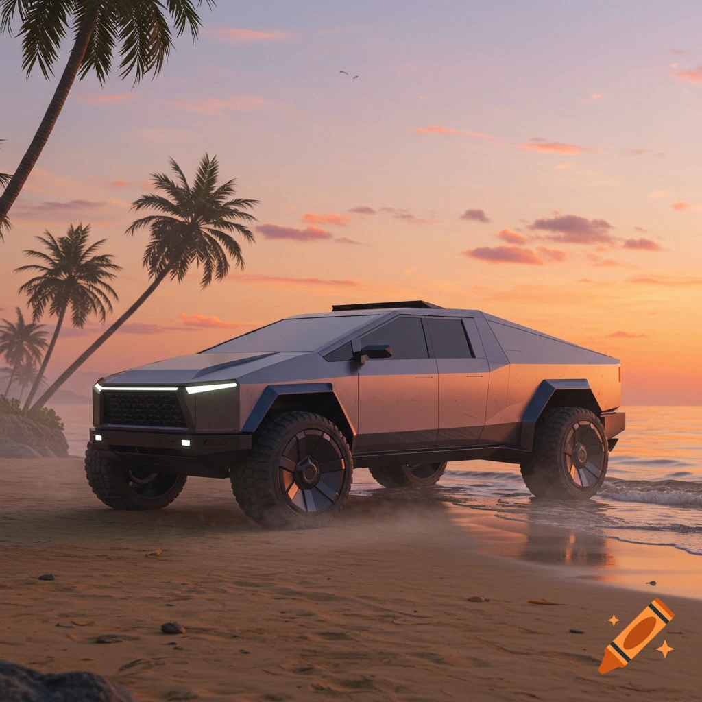 A futuristic Cybertruck parked on a sandy beach at sunset, with palm trees and ocean in the background.