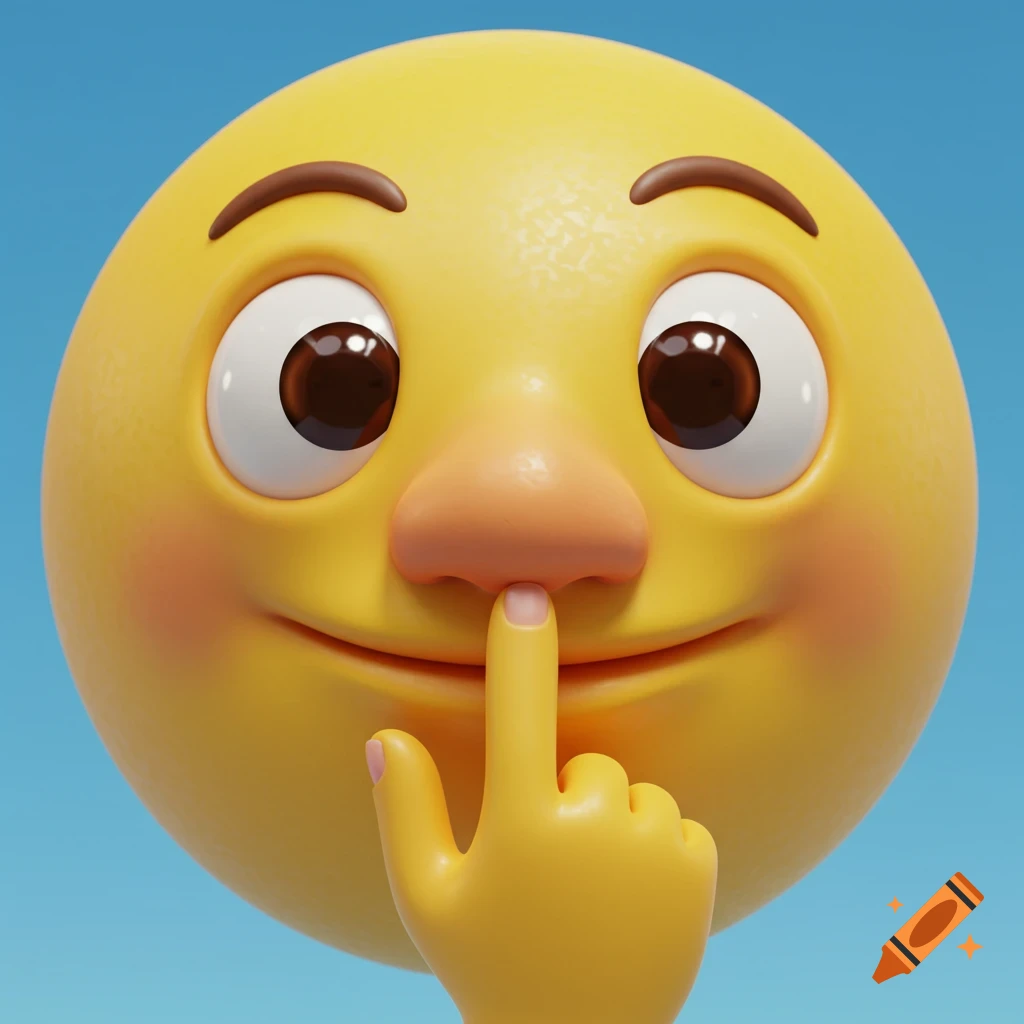 A 3D yellow emoji face with a nose, smiling, with its index finger picking its left nostril.