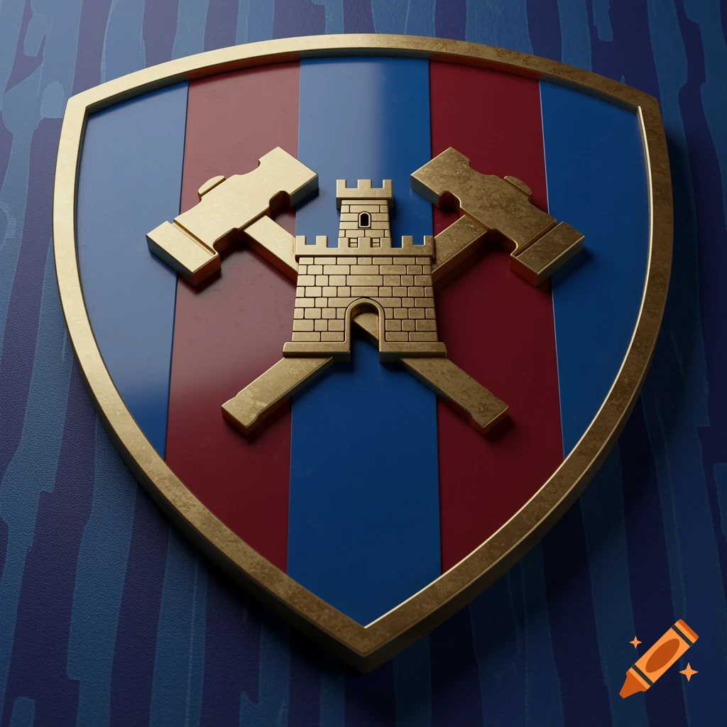 A 3D rendered shield-shaped football badge with claret and blue stripes, featuring a golden castle flanked by crossed hammers.
