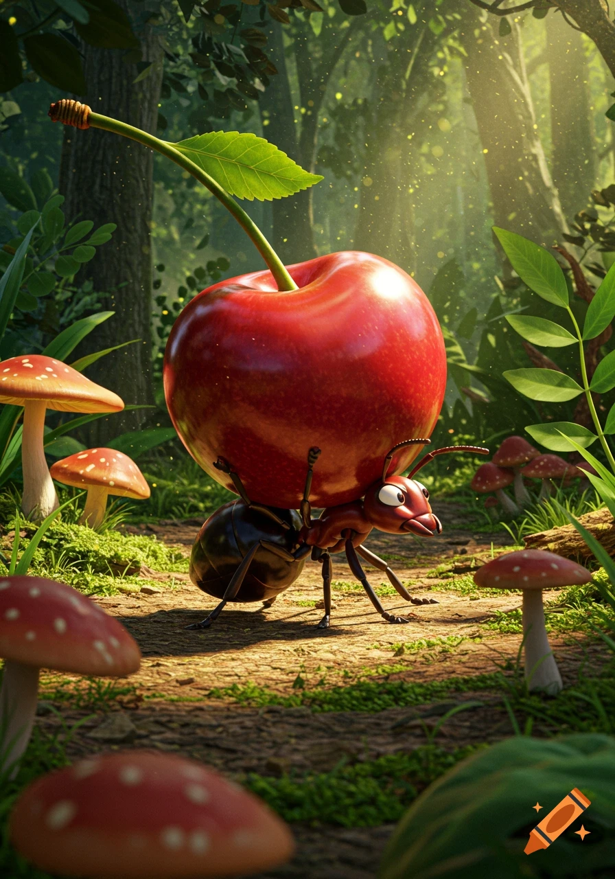 A cartoon ant struggles to carry a large red cherry on its back along a dirt path in a sunny, green forest filled with mushrooms.