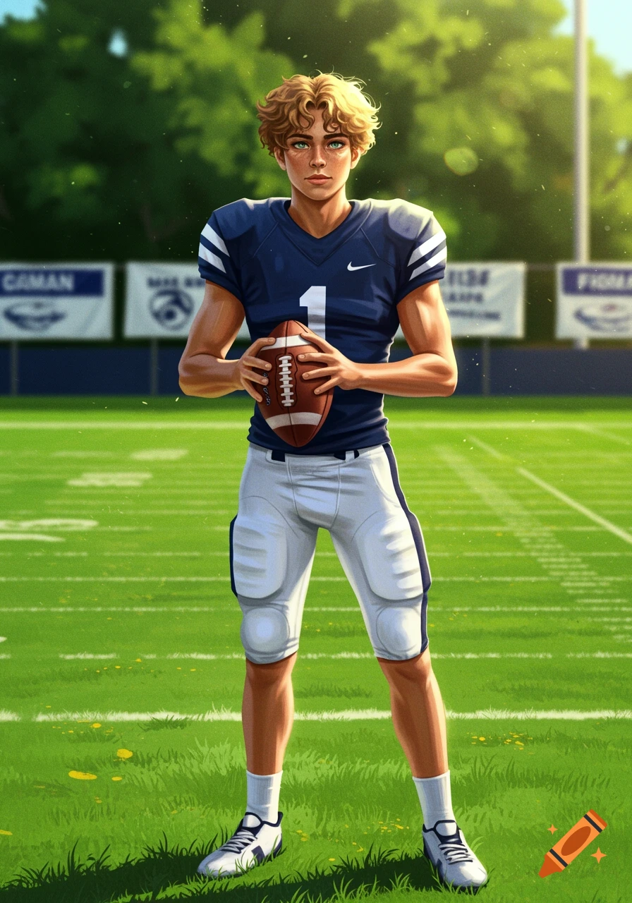 A young male football player in a blue and white uniform holds a football on a green field.