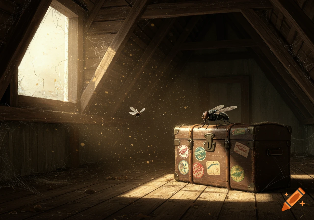 Sunlight streams through a broken window into a dusty attic, illuminating dust motes. A large fly sits on a vintage trunk with travel stickers, while another fly hovers nearby.
