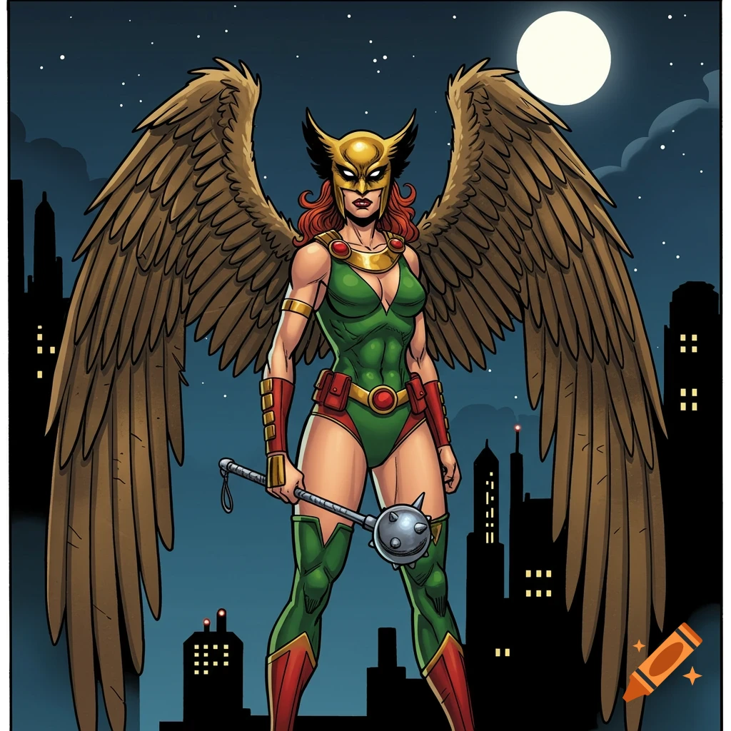 Hawkgirl in Bruce Timm comic art style, standing with large wings and mace against a moonlit city skyline at night.