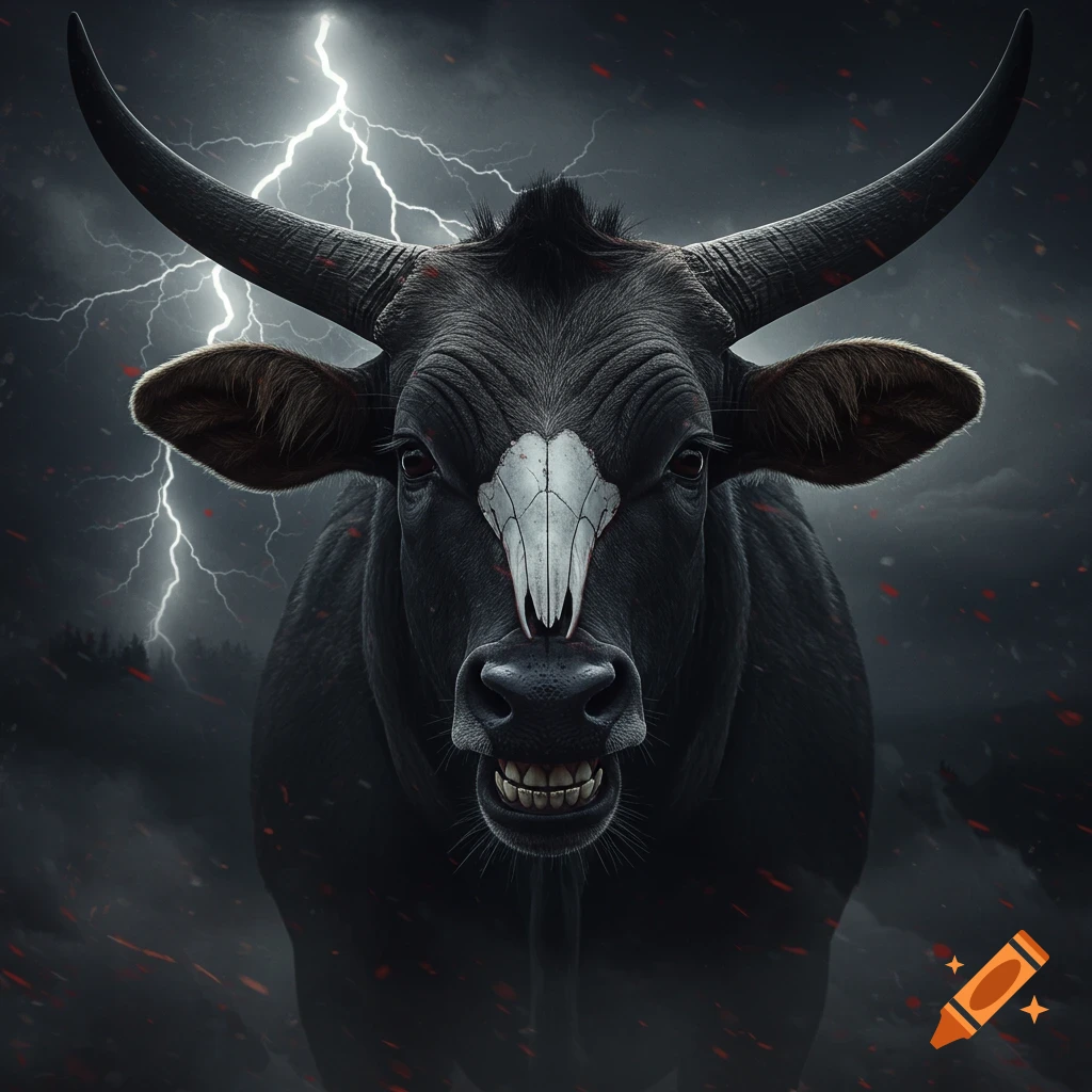 A menacing black bull with large horns, a skull on its forehead, and sharp teeth, against a stormy sky with lightning.