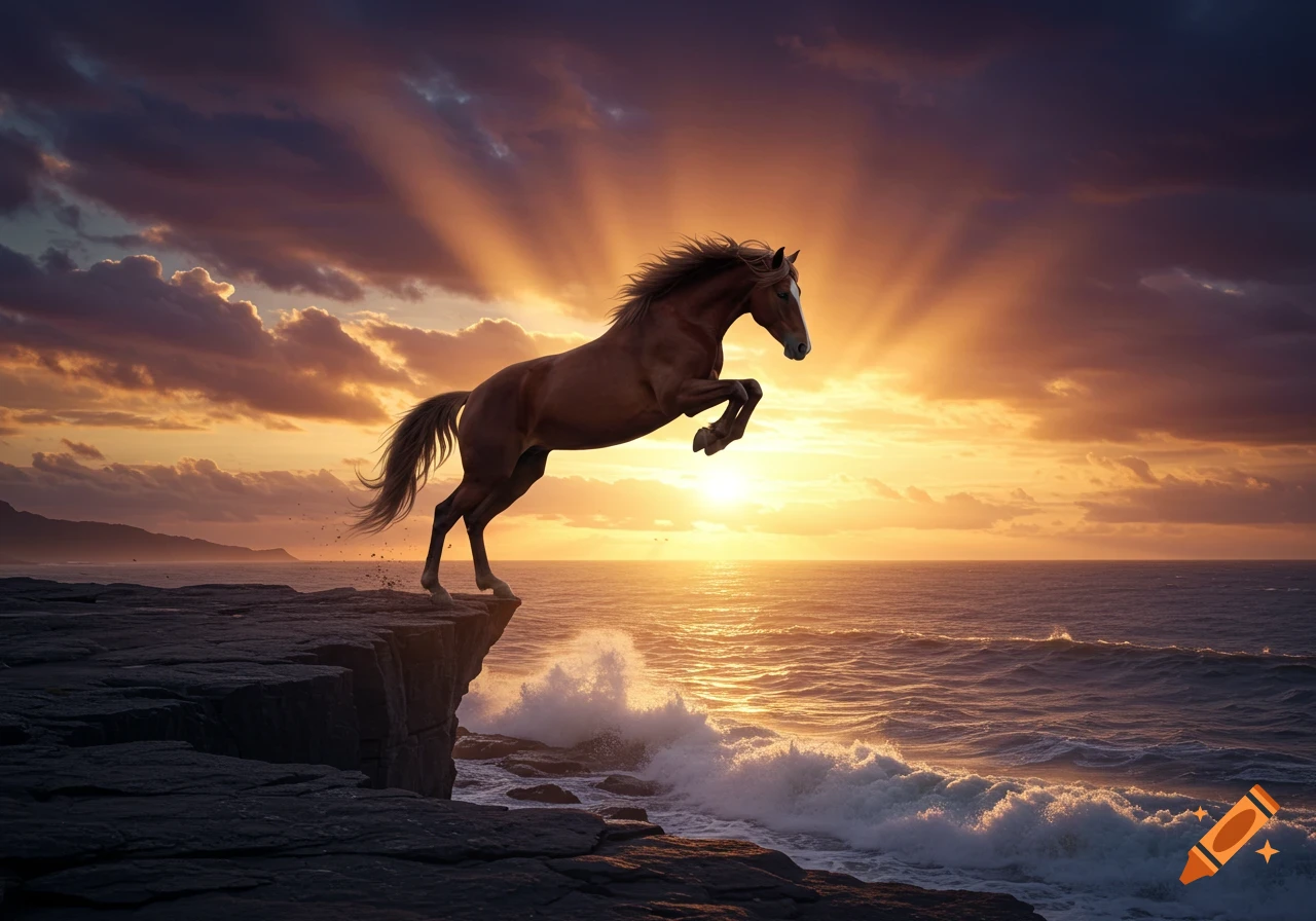 A brown horse leaps off a rocky cliff into the ocean at sunset, with golden light rays in the sky.