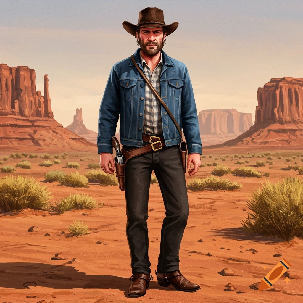 A man dressed as a cowboy with a hat and denim jacket stands in a desert landscape with mesas in the background.