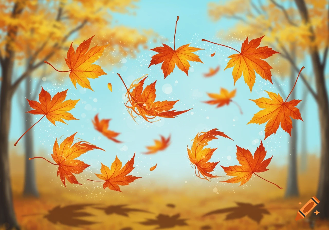 Vibrant orange and yellow maple leaves swirl and fall against a blurred background of trees and blue sky.